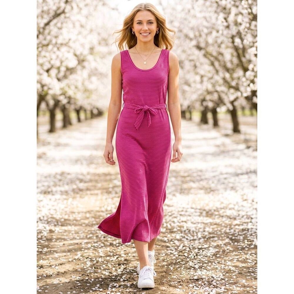 🍑Pink & Burgundy Striped Empire Waist Sleeveless Maxi Dress Medium
